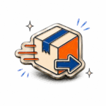 Illustration of a package with an arrow symbolizing the delivery of personalized pins.