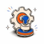 Illustration of a machine and gear symbolizing the production of personalized pins.
