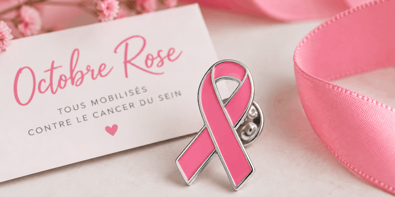 Alternative text: Pink ribbon pin for Breast Cancer Awareness Month with silver plating